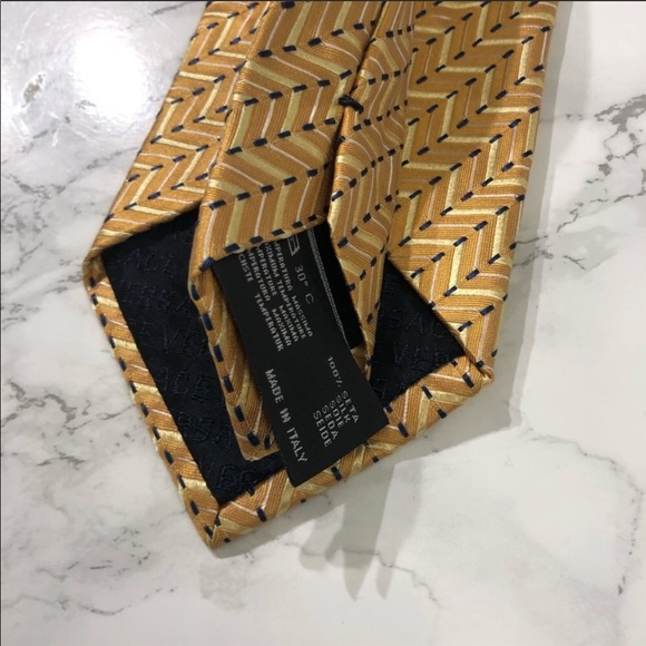 Versace Gold Orange Striped Zigzag Medusa Tie EUC